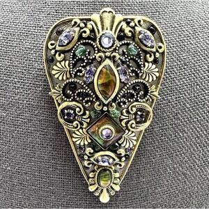 Michal Golan Stamp Brooch Pendant Gold Tone Multi Stone Statement Vintage Style